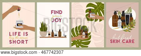Set Of Naturel Cosmetics Cards With Organic Products, Zero Waste Packaging, Female Hands, Lettering.