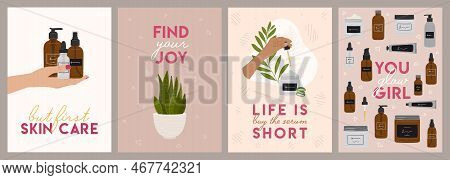Set Of Naturel Cosmetics Cards With Organic Products, Zero Waste Packaging, Female Hands, Lettering.