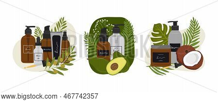 Set Of Compositions With Organic Cosmetic Products In Bottles, Jars For Skin Care With Abstract Shap