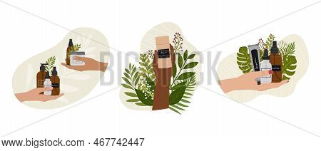 Set Of Female Hands Hold Natural Organic Cosmetic Products In Bottles, Jars For Skincare With Abstra