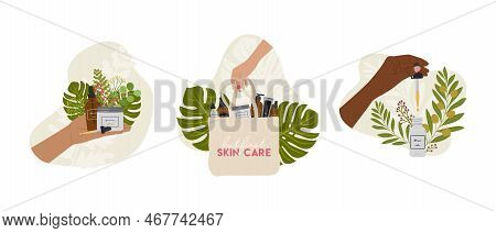 Set Of Female Hands Hold Natural Organic Cosmetic Products In Bottles, Jars For Skincare With Abstra