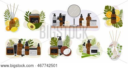 Big Set Of Compositions With Organic Cosmetic Products In Bottles, Jars For Skin Care With Abstract