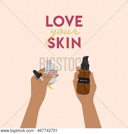 Female Hands Hold Organic Cosmetic Products In Glass Bottle, Jar For Skincare With Lettering. Love Y