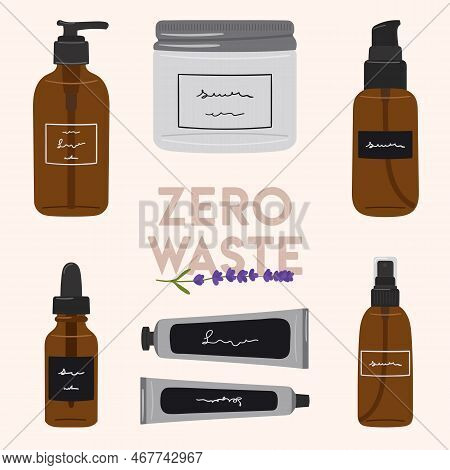 Set Of Zero Waste Organic Cosmetics In Recycling Glass Bottle, Jar, Tube For Skin Care. Cleanser, To
