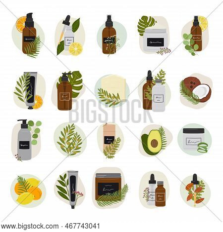 Set Of Compositions With Organic Cosmetic Products In Bottles, Jars For Skin Care With Abstract Shap