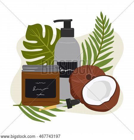Composition With Organic Cosmetic Products In Bottle, Jar For Skin Care With Abstract Shape And Gree