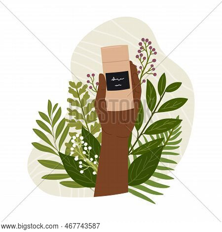 Black Female Hand Holds Natural Organic Cosmetic Products In Kraft Tube For Skincare With Abstract S