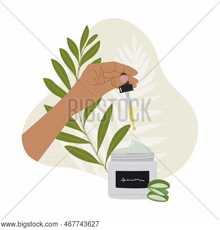 Female Hand Holds Pipette For Skincare With Oil Serum Bottle, Abstract Shape And Greenery. Hand Draw