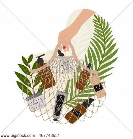 Female Hand Holds Bag With Organic Cosmetic Products In Bottles, Jars, Tubes For Skincare With Abstr