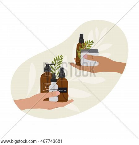 Female Hands Hold Natural Organic Cosmetic Products In Bottles, Jars For Skincare With Abstract Shap