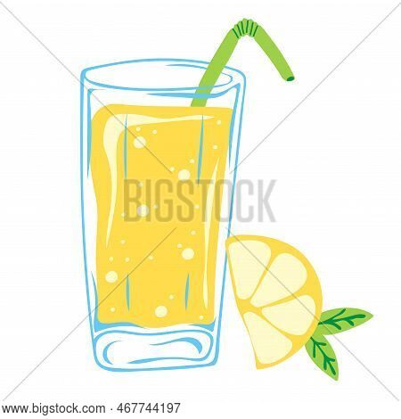 Glass Of Lemonade With Lemon Slice. Summer Drink. Vector Illustration