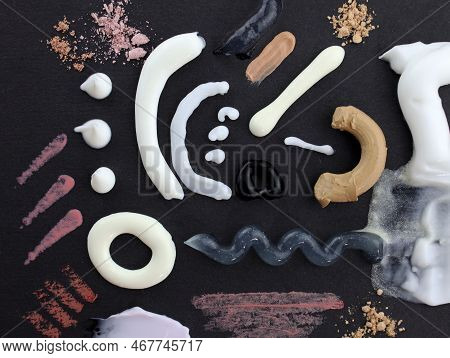 Creams Of Different Colors And Textures. Smears Of Cosmetics. Composition Of Smears Of Cream And Lip