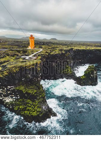 Svortuloft Lighthouse On A Stormy Autumn Day, Dark Clouds On The Sky