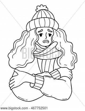 Unhappy Girl In Knitted Hat And Scarf Freezing Wearing And Shivering. Outline Vector Illustration. H