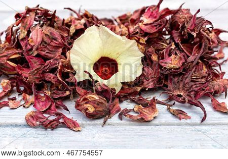 Dreid Roselle Fruit Or Hibiscus Sabdariffa Fruit With Flower Isolated On White Wooden Background