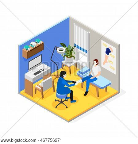 Traumatologist Applying Bandage To Sprained Ankle Of Female Patient Isometric Composition 3d Vector 