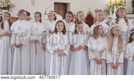 Lida, Belarus - June 15, 2022: Childrens First Catholic Communion.