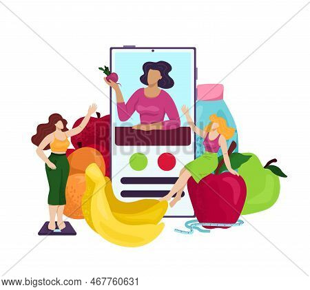 Nutrition Diet At Smartphone App, Food Meal For Healthy Fitness Vector Illustration. Woman Person Ch