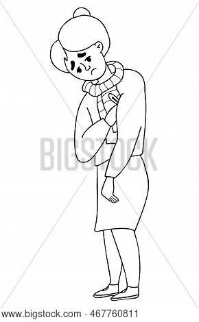 Sick Sad Pensioner Woman With Thermometer. Vector Illustration. Outline Drawing. Female Character Si