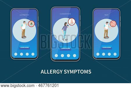 Allergy Symptoms Online Info 3 Isometric Mobile Screens Banners Set With Lachrymation Clogged Nose R
