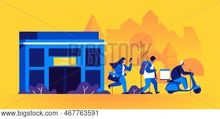 Post Office Building And Postmen, Mailmen Or Messengers Delivering Parcels Or Packages. Couriers Wal