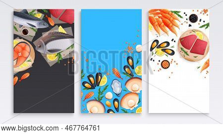 Seafood Cafe Bar Restaurant Market Advertising Posters Banners Cards Set With Salmon Shellfish Oyste