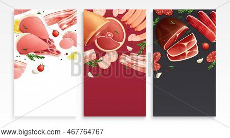 Meat Products 3 Appetizing Background Cards With Ham Sausages Streaky Bacon Slices Smoked Pork Shank