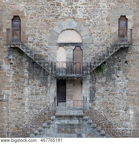 Exterior Of Antique Building With Escher Architecture Style. Simmetry And Geometric Perspective.
