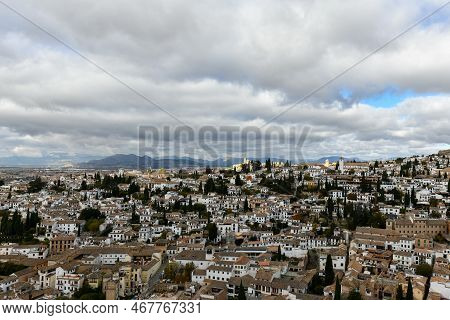 Panorama Of El Albayzin District In Granada, Andalusia, Spain, Pictured From The Torre Del Cubo In T