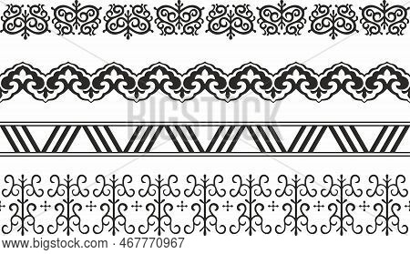 Vector Set Of Seamless Monochrome Yakut Borders. Asian Frames For Decoration And Ceramics, Laser And