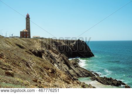 View Of The Penedo De Sausade Lighthouse On The Atlantic Coast Of Portugal. Sao Pedro De Moel, Portu
