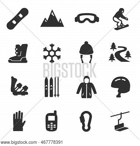 Snowboarding And Skiing , Monochrome Icons Set. Ride A Snowboard And Skiing, Simple Symbols Collecti