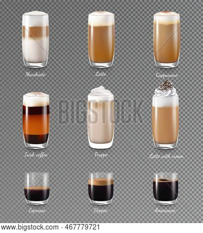 Coffee Drinks Transparent Realistic Set With Latte And Frappe Isolated Vector Illustration
