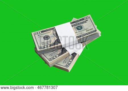 Bundle Of Us Dollar Bills Isolated On Chroma Keyer Green. Pack Of American Money With High Resolutio