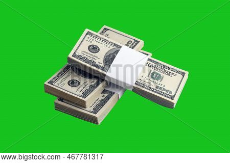 Bundle Of Us Dollar Bills Isolated On Chroma Keyer Green. Pack Of American Money With High Resolutio