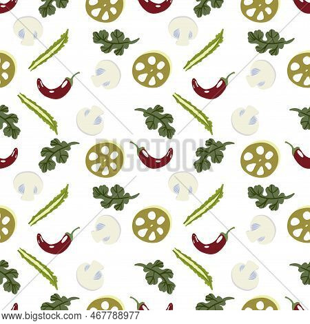 Vector Panasian Food Seamless Pattern With Asian Food Such As Japanese Sushi, Lotus Roots, Gingers, 