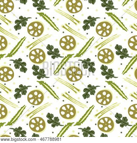 Vector Panasian Food Seamless Pattern With Asian Food Such As Japanese Sushi, Lotus Roots, Gingers, 