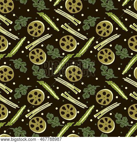 Vector Panasian Food Seamless Pattern With Asian Food Such As Japanese Sushi, Lotus Roots, Gingers, 
