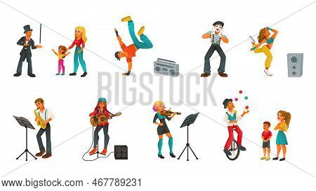 Street Performer Artist Musician Dancer Cartoon Set Of Isolated Icons And Characters Of Talents And 