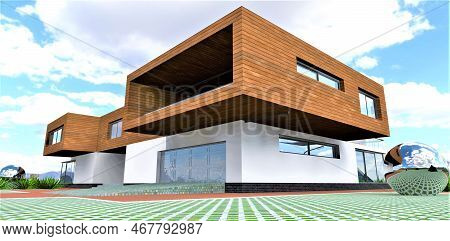 Closed Garage Of The Private Country House With Stel Balls On The Territory. Facade Board As A Finis