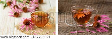 Cup Of Echinacea Tea On White Wooden Table