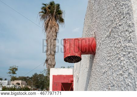 White Wall With Red Pipe And Red Door.palm Tree And Blue Sky In The Background.creative Image With T