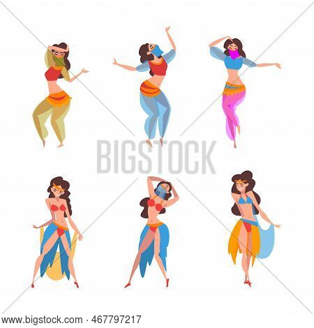 Beautiful Eastern Woman Dancing Belly Dance Vector Set