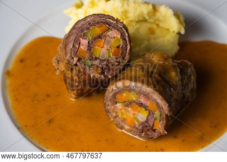 Beef Roulade With Mashed Potatoes And Gravy Viennese Or Austrian Style