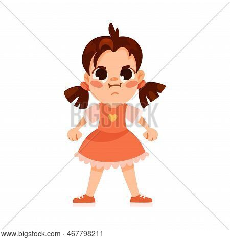 Capricious Funny Little Girl In Red Dress Expressing Emotion Vector Illustration