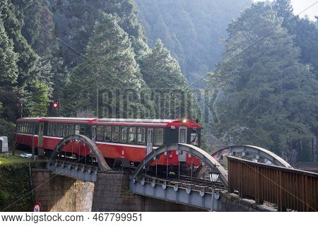 Alishan, Taiwan- 7 Dec, 2022: Alishan Forest Train In Alishan National Scenic Area. Alishan Forest T