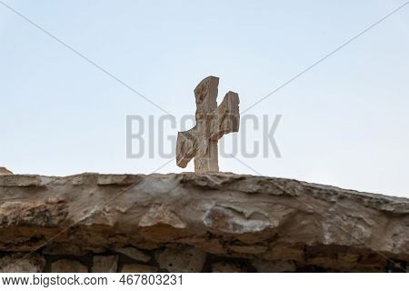 Hararit, Israel, October 28, 2022 : Large Stone Cross On The Roof Of The Cave Church - Lavra Netofa 