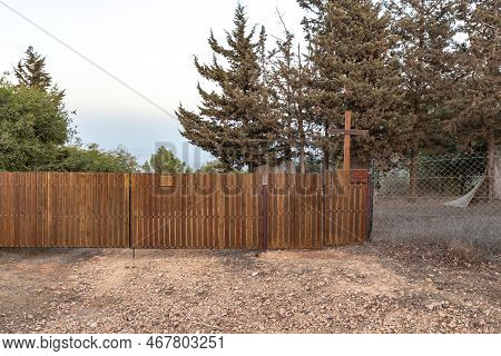 Hararit, Israel, October 28, 2022 : Wooden Fence Around The Cave Church - Lavra Netofa Monastery, Ne