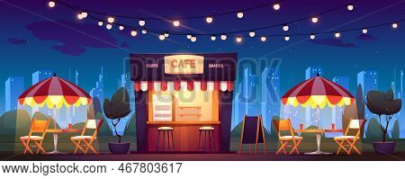 Street Cafe With Coffee And Snacks At Night. Vector Cartoon Cityscape With Outdoor Cafeteria With Um