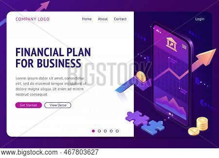 Financial Plan Isometric Landing Page. Mobile Phone Application With Growing Bonds Investment Graphi